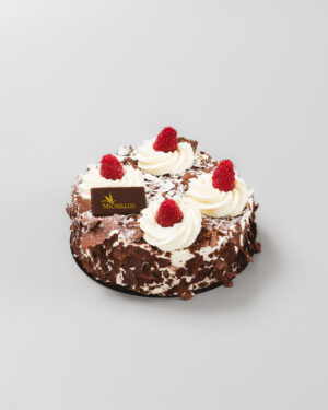 gâteau forêt-noire avec des copeaux de chocolat et des framboises sur un fond gris