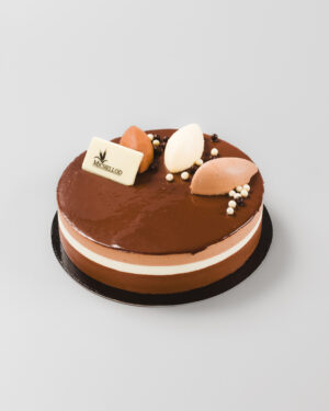 entremet rond au chocolat avec trois couches et de la décoration sur un fond gris
