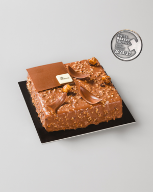 gâteau au praliné carré avec un glaçage rocher sur un fond noir